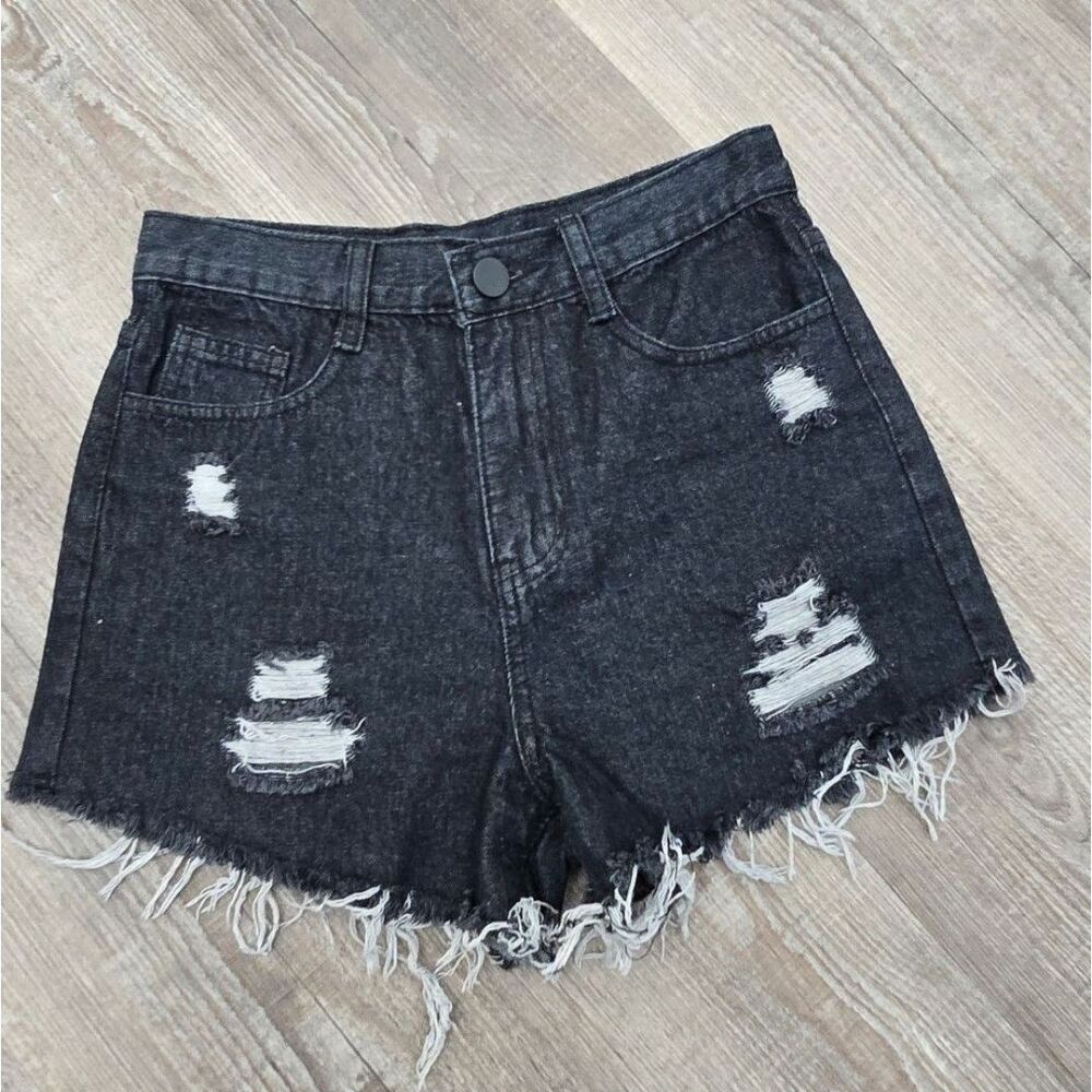 Black distressed ripped frayed high waist jean shorts booty shorts size small